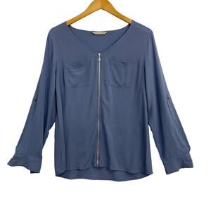 Soft Surroundings Blouse Women's Large No Size Tag Blue Front Zip Top Roll Tab